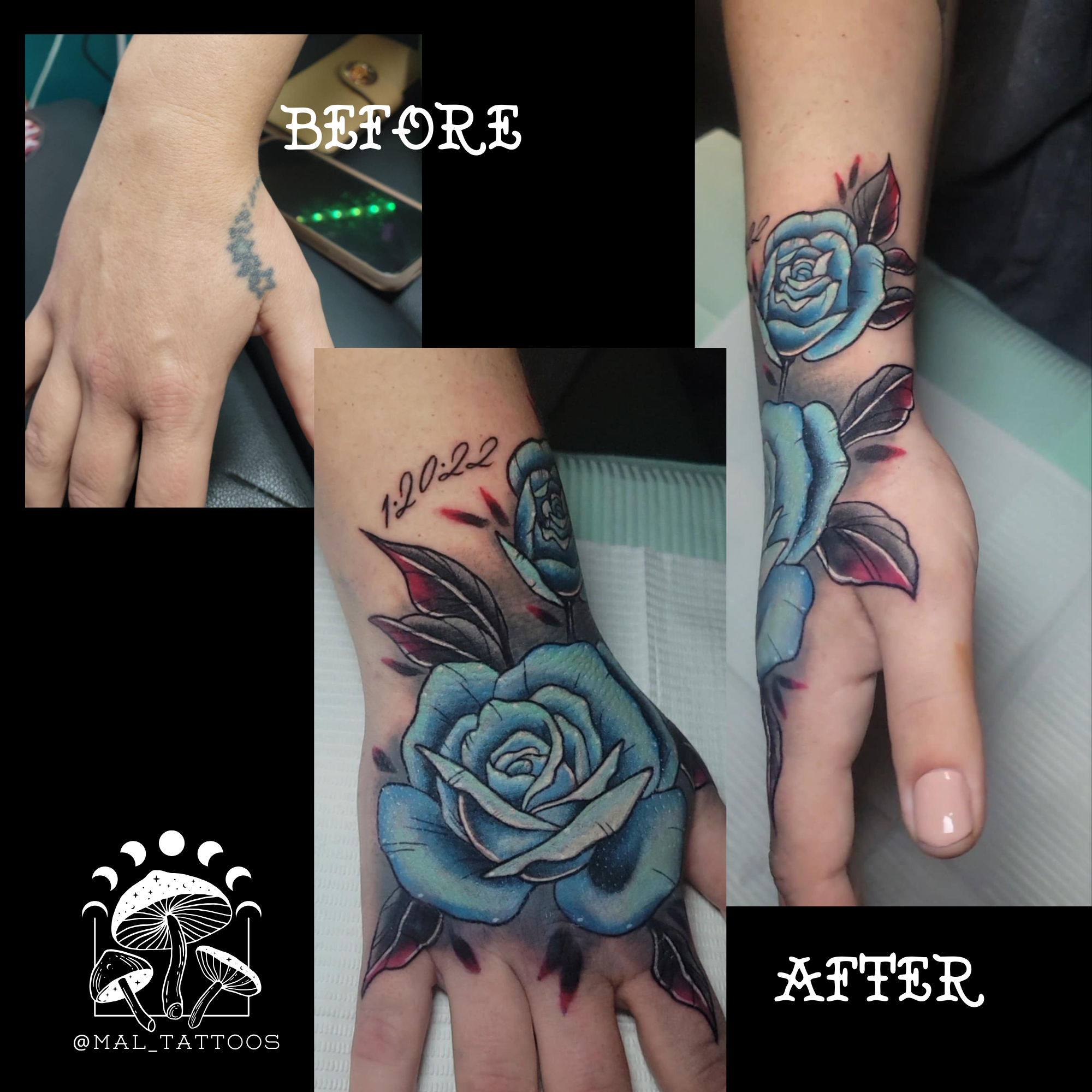 Before and after comparison of a tattoo on a person's wrist, featuring a blue rose design.