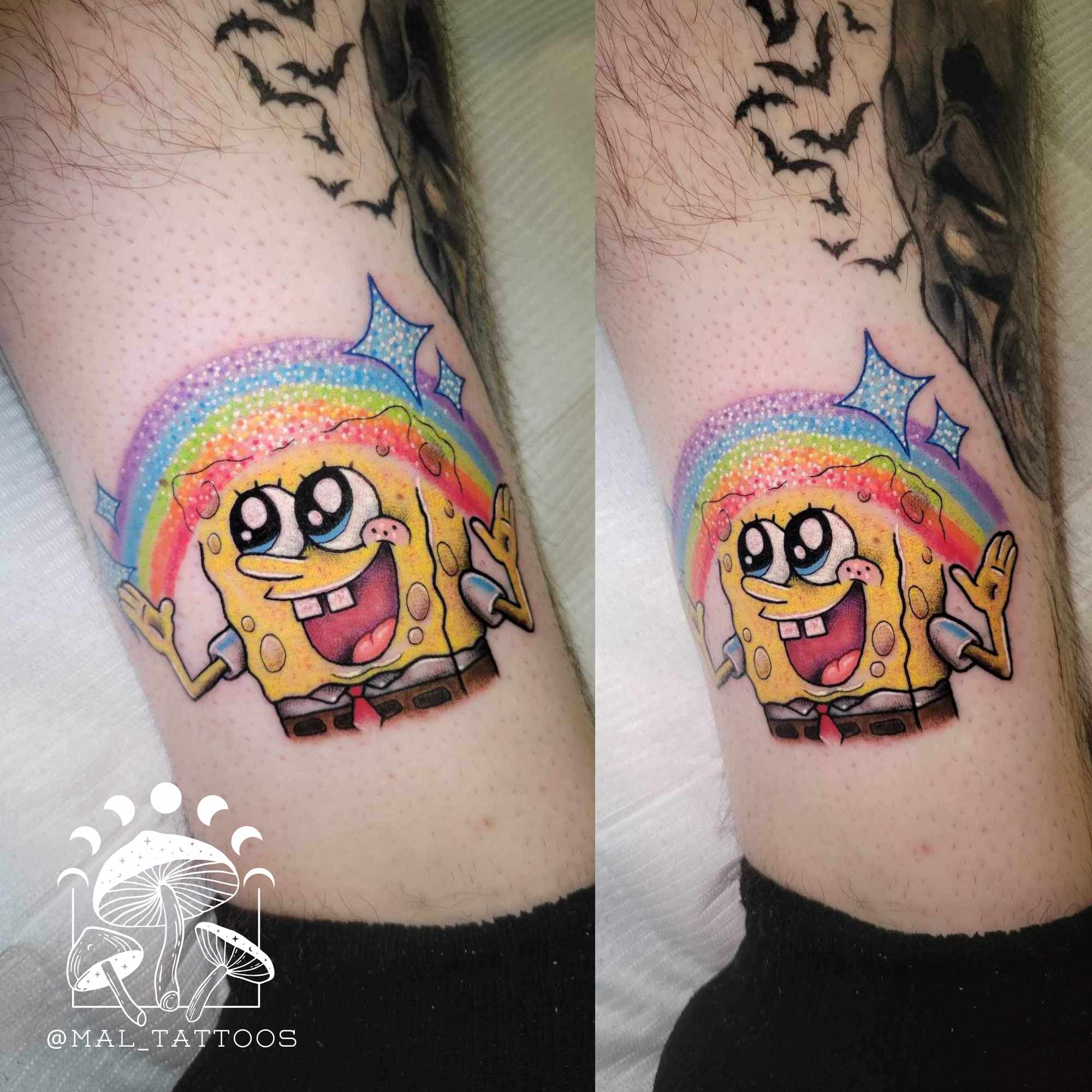 Tattoo of a cartoon character spongebob tattoo with a rainbow on a person's arm, with a visible tattoo artist logo in the corner.