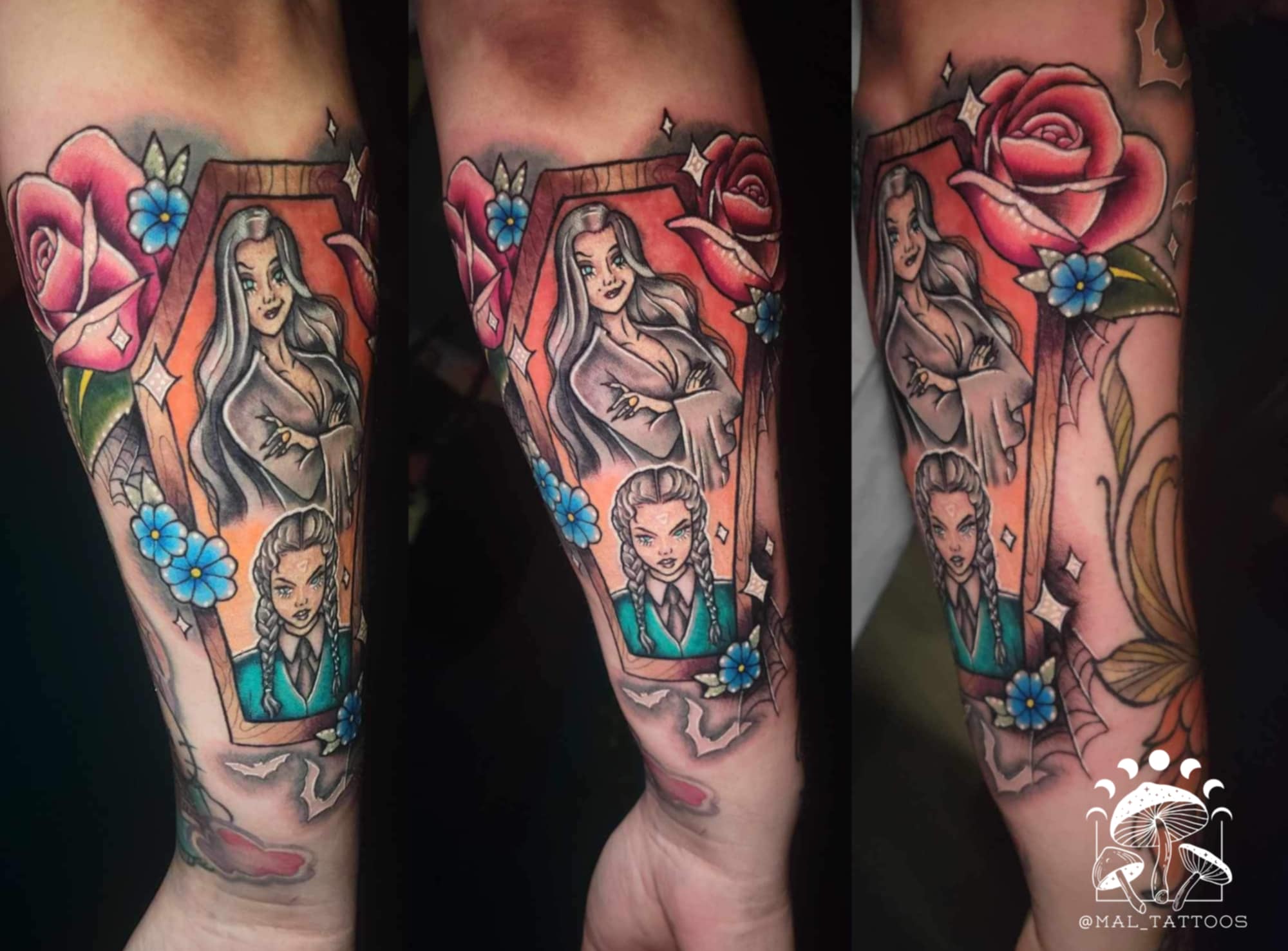 Detailed tattoo of a woman with roses and flowers on a person's arm, with a visible tattoo studio logo.