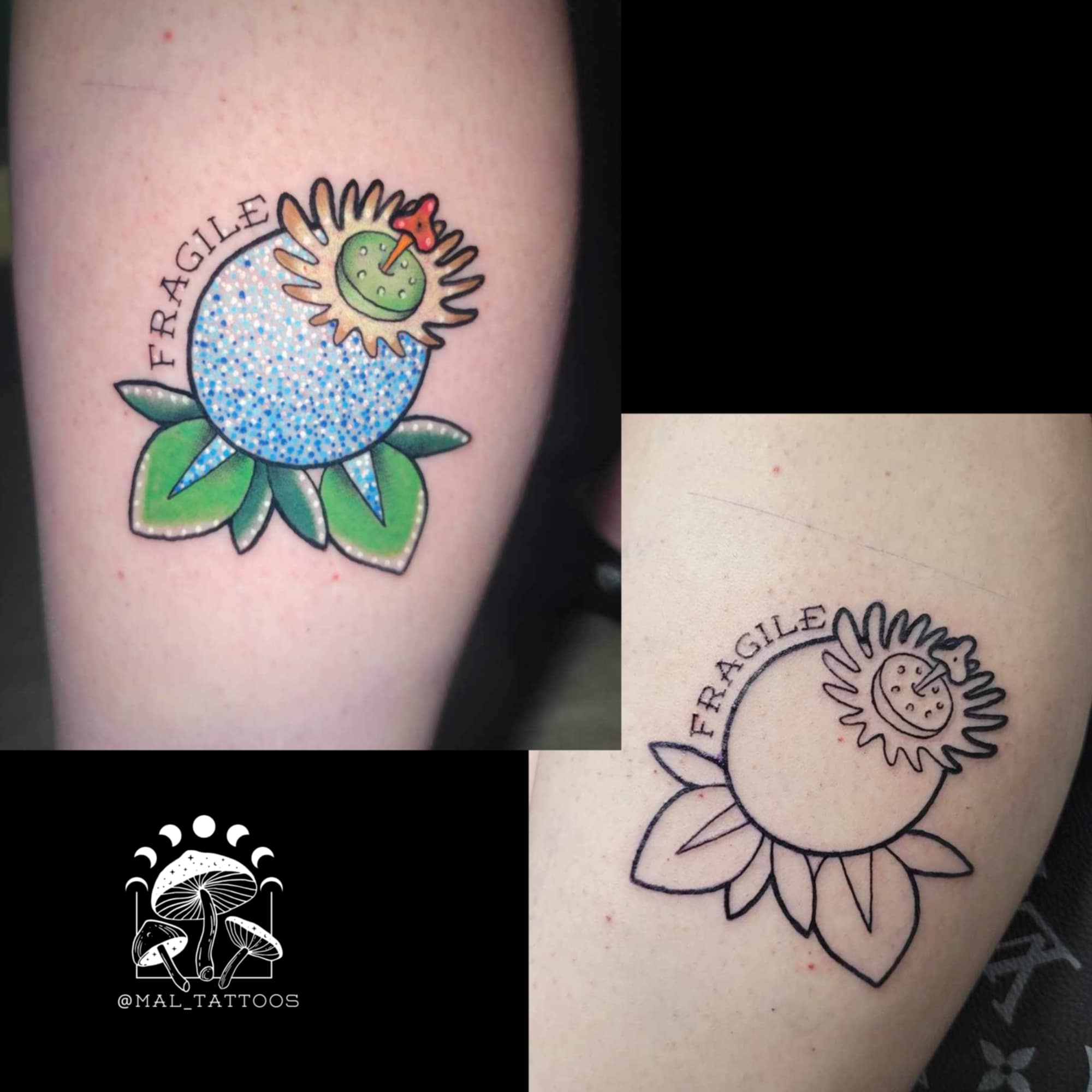 Tattoo of a sunflower with 'FRAGILE' text on a person's arm, featuring a small inset showing the black outline version.