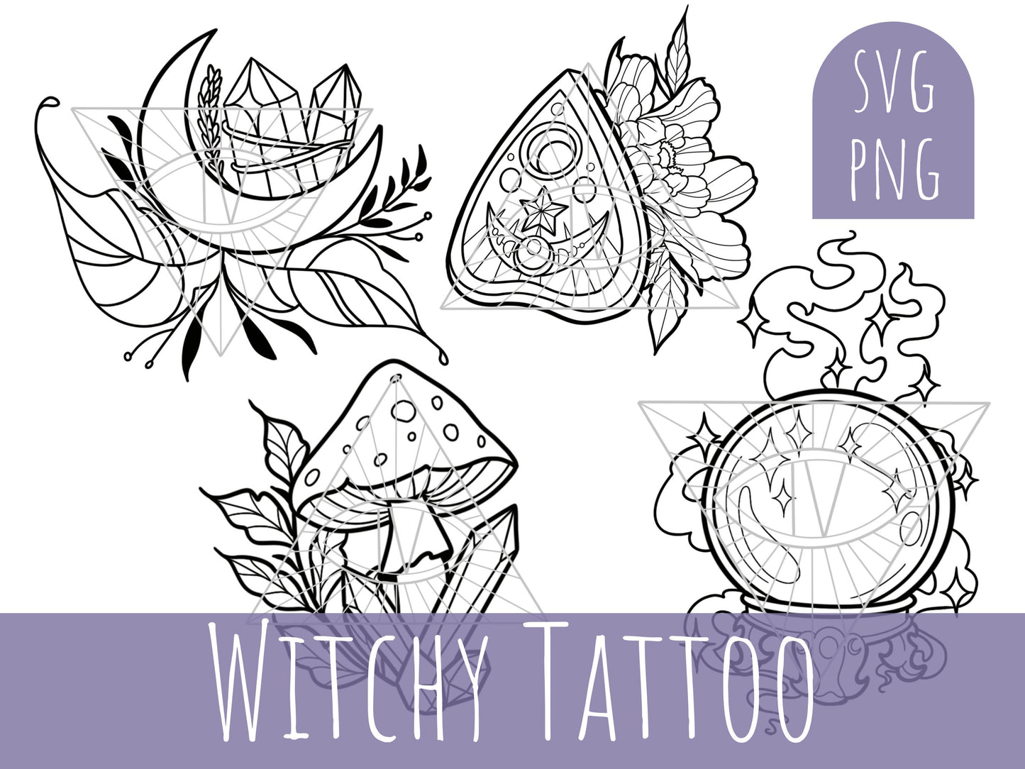 Witchy Tattoo Design Bundle for Cricut Projects. Goth PNG SVG