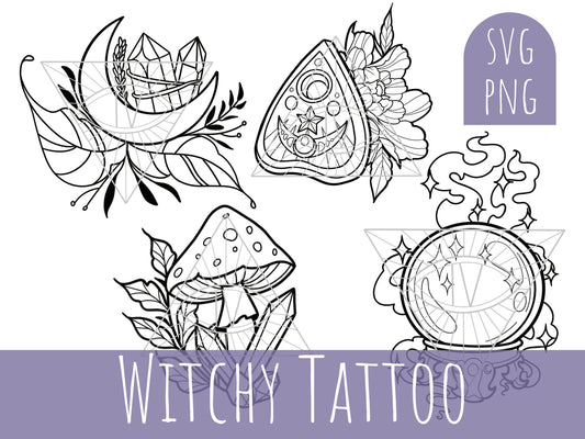 Witchy Tattoo Design Bundle for Cricut Projects. Goth PNG SVG