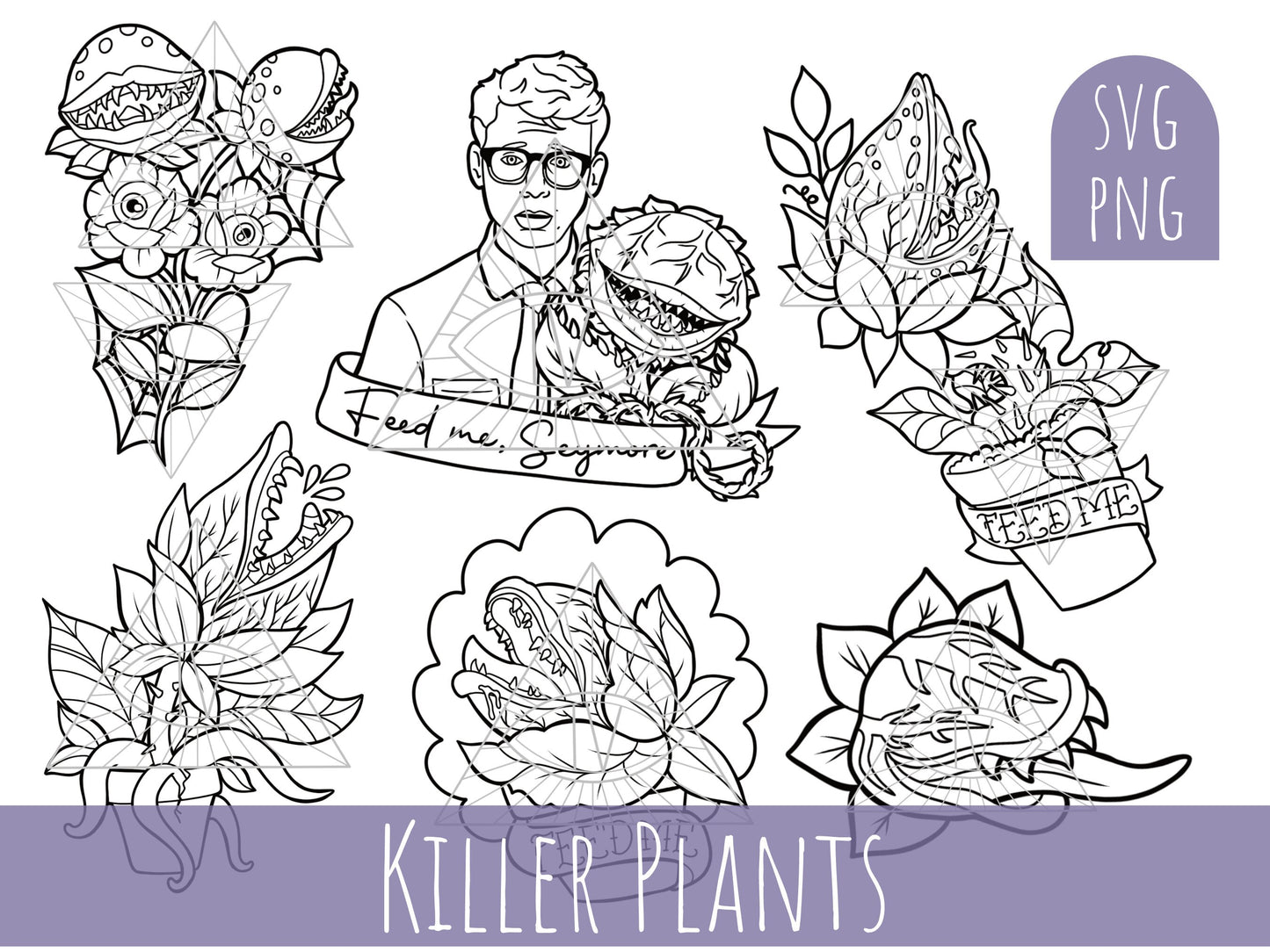Tattoo Horror SVG PNG Exotic Plants Bundle  for Shirts, Printable Stickers, & Coloring Sheets
